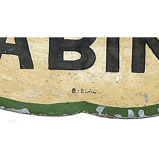 1930s Tourists Rooms Bath Cabins Double-Sided Painted Metal Sign 30” X 17.5” For Sale - Image 4 of 8