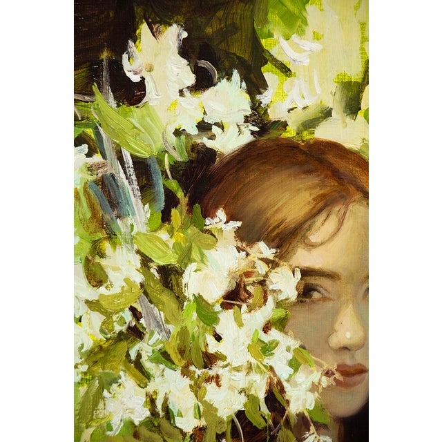 Jasmine by Nadezda | Oil on Panel Portrait of a woman among jasmine flowers For Sale - Image 4 of 5
