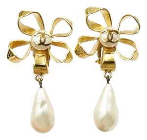 Vintage Chanel Gold Plated CC Ribbon Flower Pearl Dangle Clip on Earrings - 2 Pieces