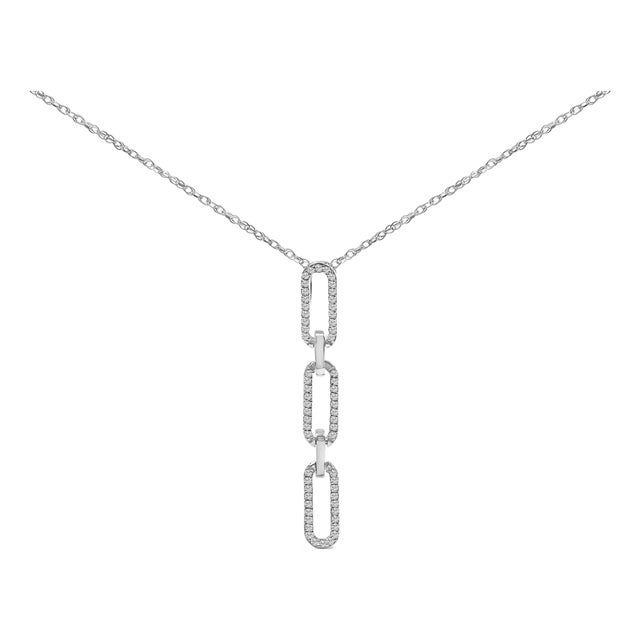 14K White Gold 1/10 Cttw Diamond Triple Paper Clip Pendant Necklace For Sale