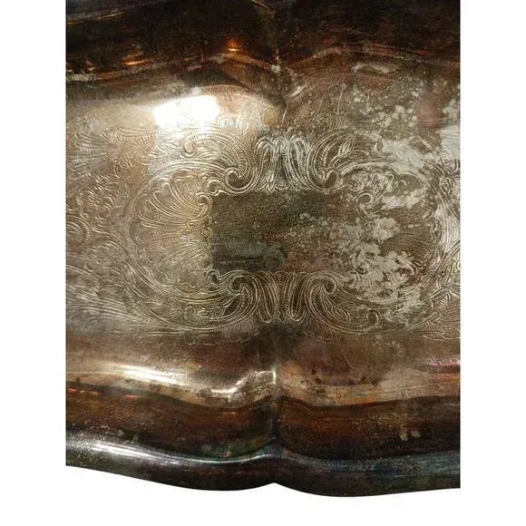 Antique Leonard 11" Serving Tray Footed Handles Silverplate Patina Aged Vintage For Sale - Image 9 of 16