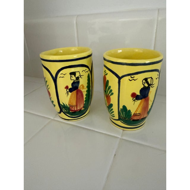 Henriot Quimper Mid 20th Century Henriot Quimper Soleil Yellow Accent Mug Featuring Lady, 2 Available For Sale - Image 4 of 9