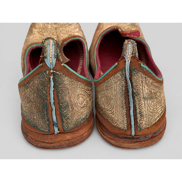Animal Skin Antique Indian Gold-Embroidered Leather Mojari Shoes, Circa 1870–1910, Pair For Sale - Image 7 of 12