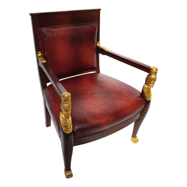 Mid 20th Century Red Leather Empire Style Armchair With Gilded Figures For Sale