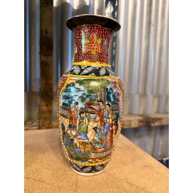 Goldenrod Japanese Satsuma Vase with Court Scene by Moriage Decoration, 1920 For Sale - Image 8 of 8