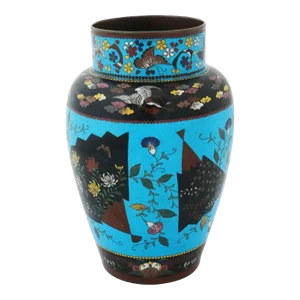 Large Antique Japanese Cloisonne Enamel Fan Motif Vase