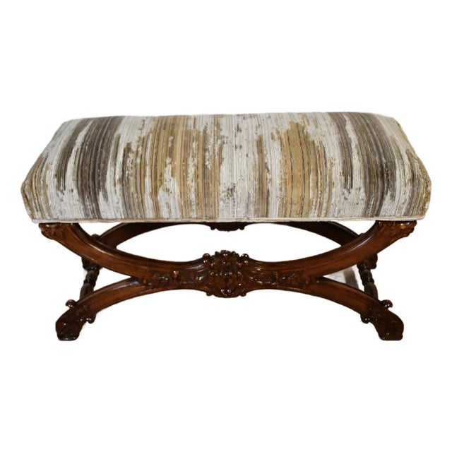 1900s Antique French Louis XV Carved Walnut Spring-Seat Window Bench / New Upholstery For Sale