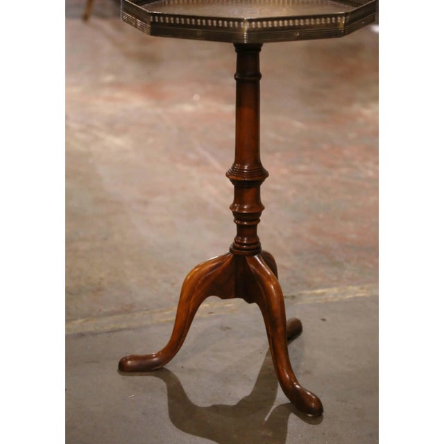 English Vintage English Leather Top Walnut and Brass Octagonal Martini Side Table For Sale - Image 3 of 9