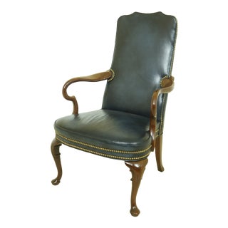 Hickory Chair Co Blue Leather Queen Anne Armchair For Sale