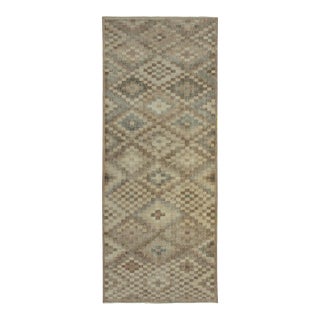 1960s Vintage Distressed Rug in Beige-Brown, Gray and Blue Geometric Pattern For Sale