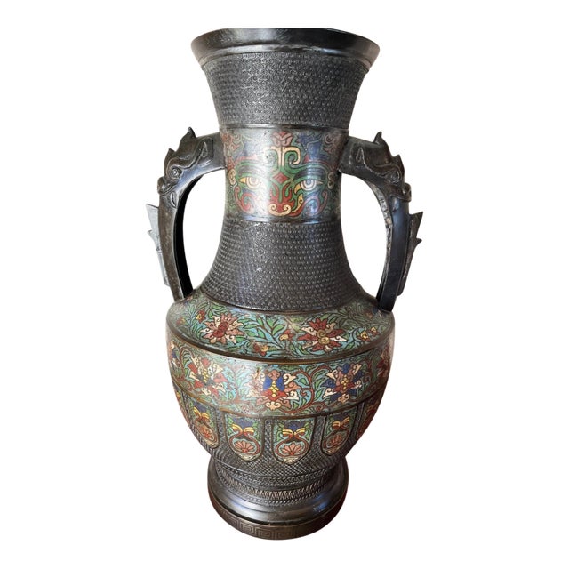Large 42" Chinese CloisonnÃ© & Bronze Taotie Hu Vase Table Lamp For Sale