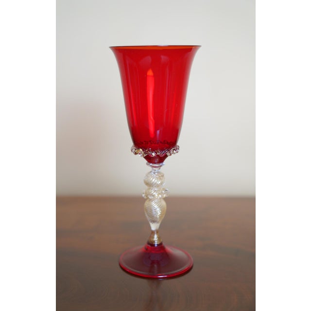 Italian Ruby Red Murano Art Glass Chalice With Gold Aventurine Stem 1970s For Sale - Image 4 of 9