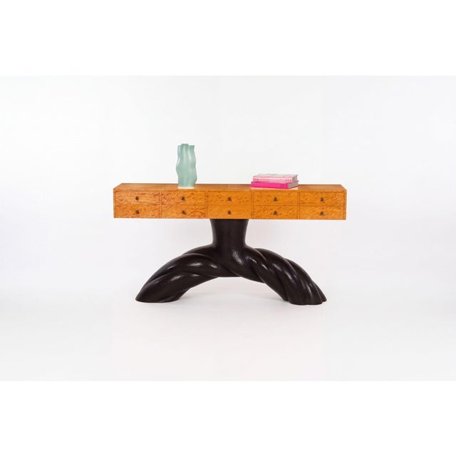 Wendell Castle Twisted Buffet Console Table, 1990 Ebonized mahogany, avodire veneer, white oak, and patinated brass. An...