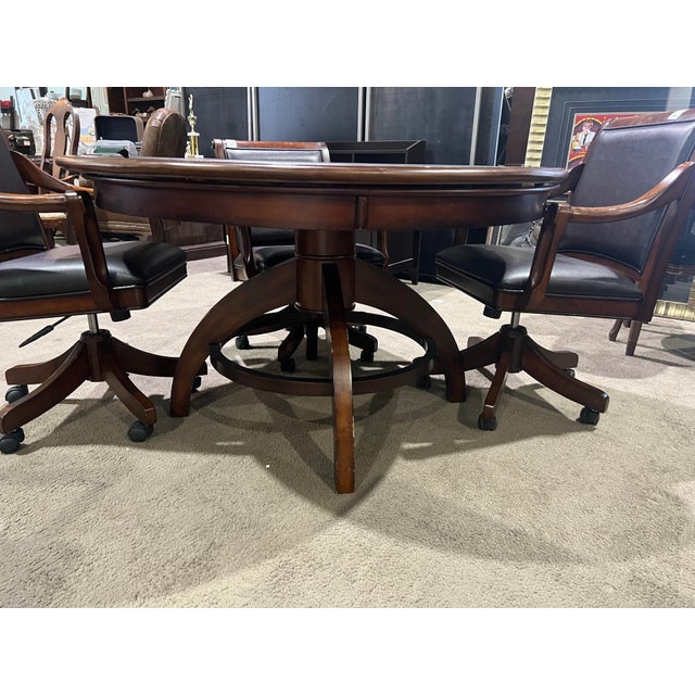 Mid-Century Modern Hillsdale Home Dark Wood and Leather Game Table With Chairs For Sale - Image 3 of 9