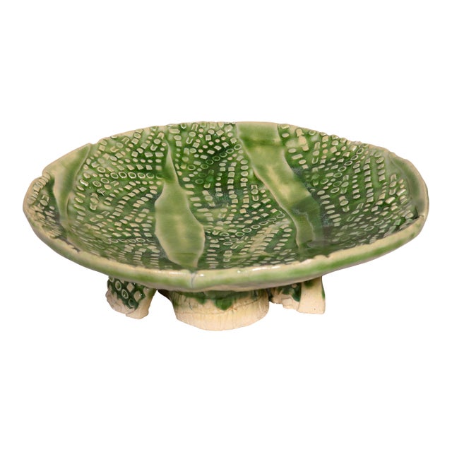 Late 20th Century Signed Wabi Sabi Studio Pottery Sculptural Green Abstract Pattern Textured Pedestal Bowl For Sale
