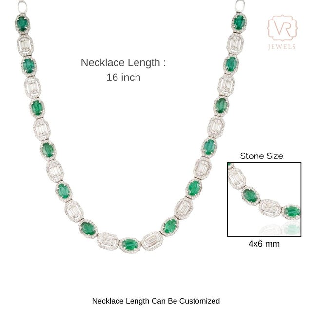 5.71ct Zambian Emerald & 2.81ct Baguette Diamond Tennis Necklace 14k Gold For Sale - Image 9 of 13