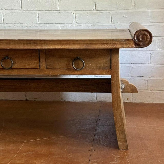 Wooden Scroll-End Coffee Table with Drawers For Sale - Image 4 of 8