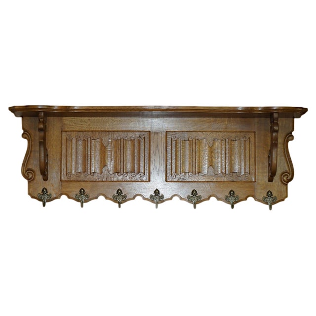 Dutch Carved Oak Wall Rack with French Royal Hooks For Sale