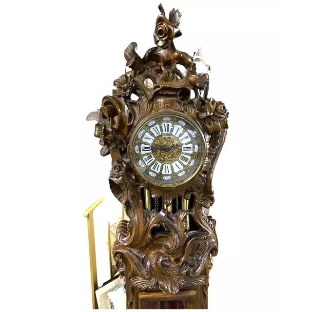 Stunning Clock, Vintage, European, Hand Carved, Walnut Grandfather Clock, 20th C.! European Hand Carved Walnut Grandfather...