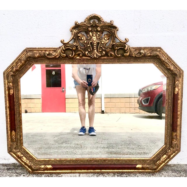 Glass Large Vintage Mid Century Red Column Gold Gilt Beveled Glass Hanging Wall Mirror For Sale - Image 7 of 11