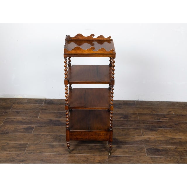English 19th Century Walnut Barley Twist Tiered Shelf on Casters with Drawer For Sale - Image 10 of 12