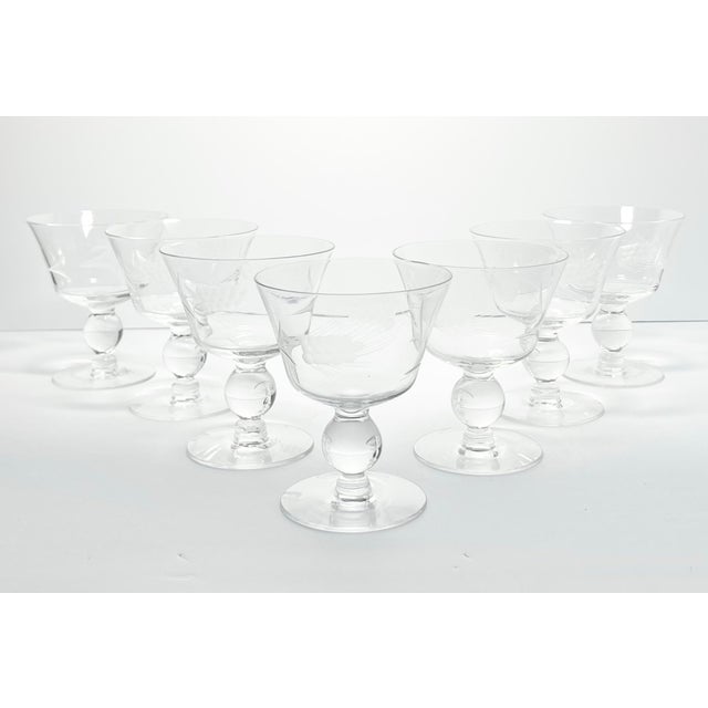 Mid-Century Modern 1950s Vintage Mid-Century Set of 7 Etched Wheat Coupe Champagne Glasses For Sale - Image 3 of 7