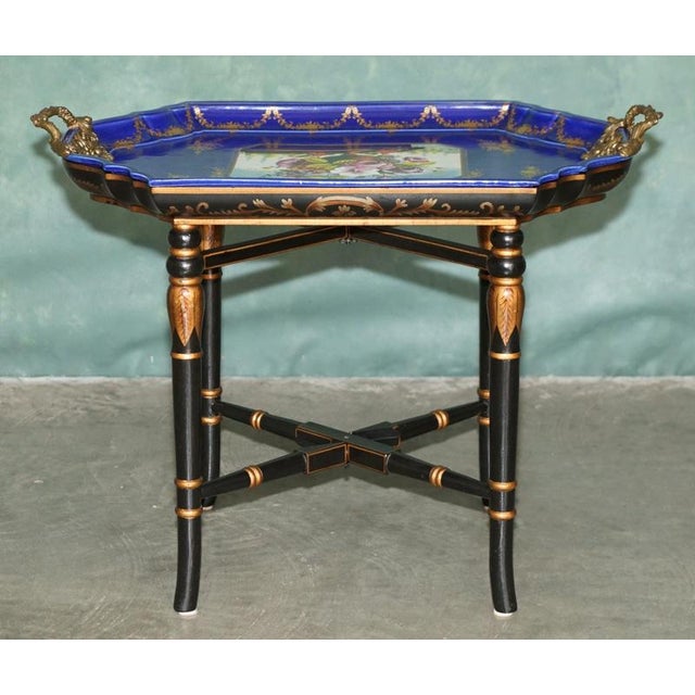 Stamped Cobalt Blue Porcelain and Gilt Metal Tray Table, 2000 For Sale - Image 16 of 18