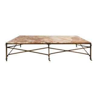 1950s Schumacher French Algerian Onyx & Brass Coffee Table, 73.25" X 32.25" For Sale