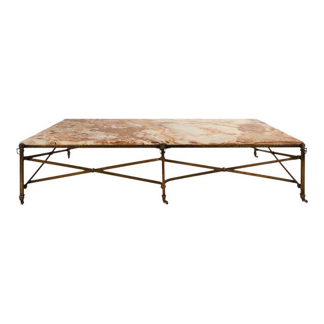 1950s Schumacher French Algerian Onyx & Brass Coffee Table, 73.25" X 32.25" For Sale