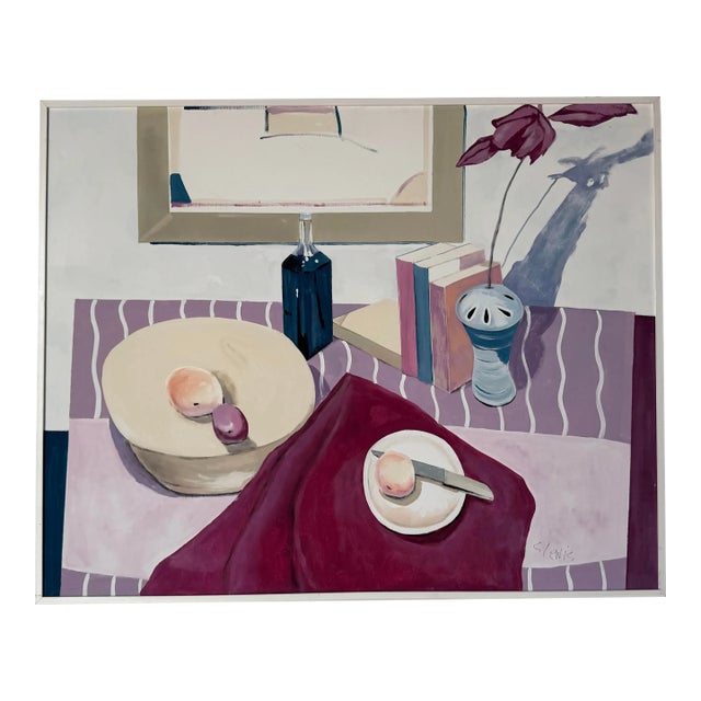 Large - 1993 Vintage Still Life “Stripe Cloth” Oil Painting by S. Lewis/ Sold For Sale