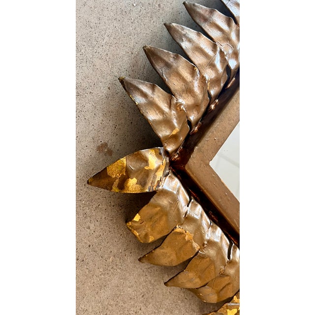 French Mid-Century Modern Neoclassical Gilt Iron Rectangular Sunburst Mirror For Sale - Image 6 of 6