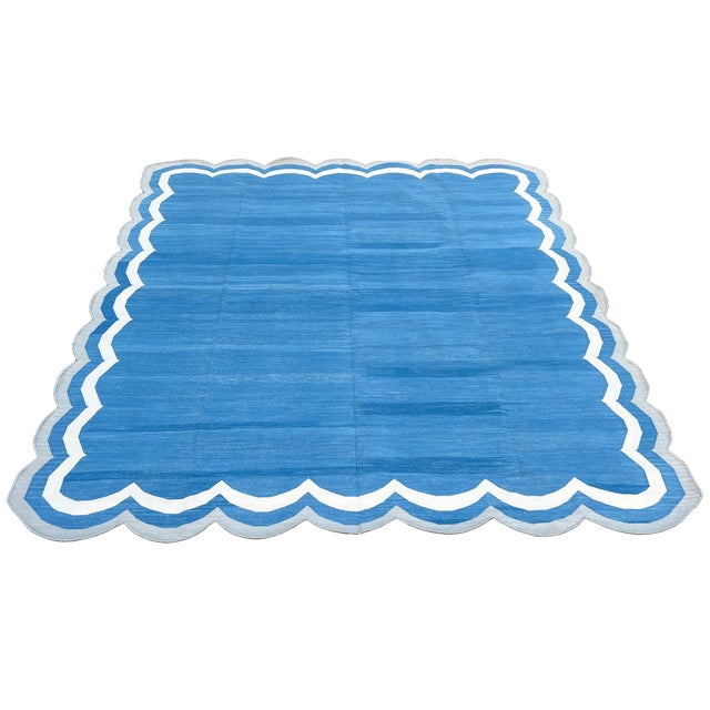 Not Yet Made - Made to Order Handmade Cotton Reversible 4 Sided Scalloped Edge Rug Blue With Cream and Grey Border - 12'x15' For Sale - Image 9 of 11