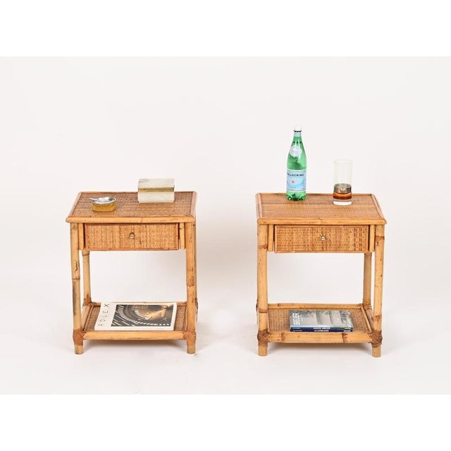 French Riviera Nightstands in Bamboo, Rattan and Brass, Italy, 1970s, Set of 2 For Sale - Image 4 of 14