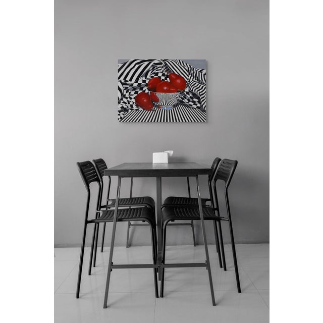 Early 21st Century Black, White, and Red Pears by Suzy Smith | Oil Painting of red pears in a striped bowl For Sale - Image 5 of 5