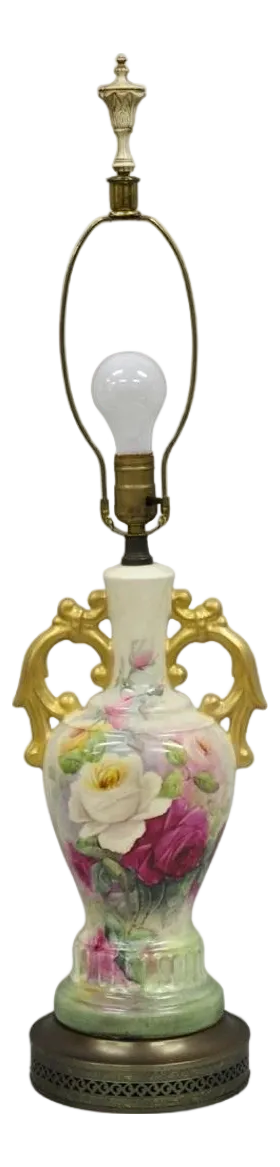 Antique Victorian French Porcelain Hand Painted Flower Vase Form Table Lamp