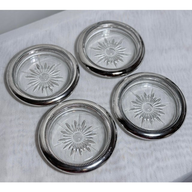Silver Vintage Sunburst Glass Coasters With Silver Tone Rim – Set of 4 For Sale - Image 8 of 11