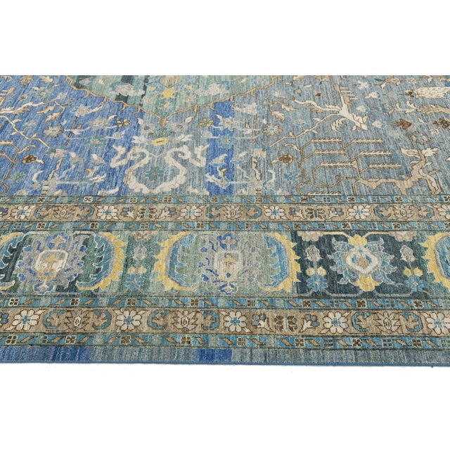 Modern Tabriz Style Medallion Wool Area Rug – Vibrant Blue, Sage Green & Yellow For Sale - Image 4 of 12