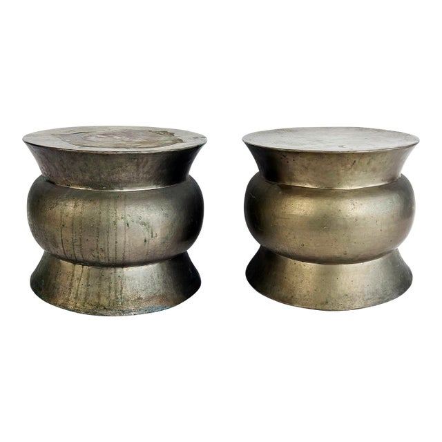 Robert Kuo Metal Indian Style Drum Side Tables, Pair For Sale