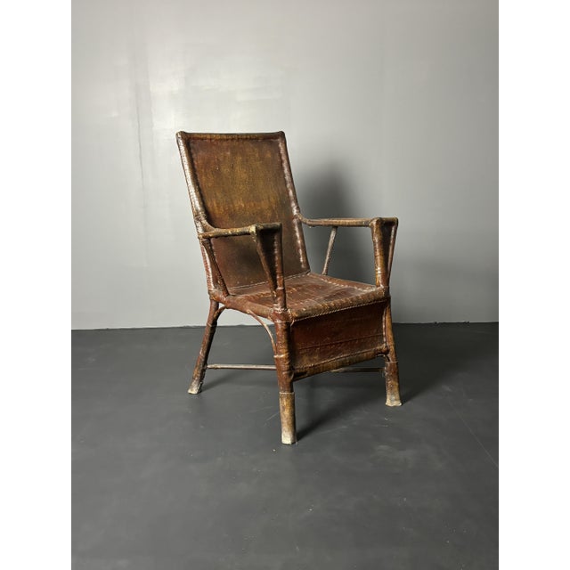 Rustic Art Deco Wabi Sabi Colonial Rattan and Faux Leather Oil Cloth Armchair, 1920s For Sale - Image 3 of 18