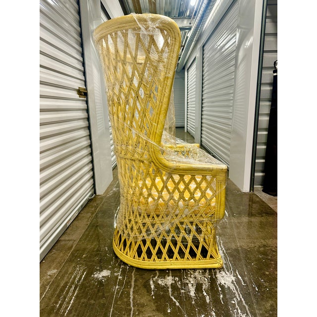 Vintage 1970s High-Back Rattan Wingback Lounge Chairs — Sculptural Coastal Mid-Century Modern Pair For Sale - Image 11 of 11
