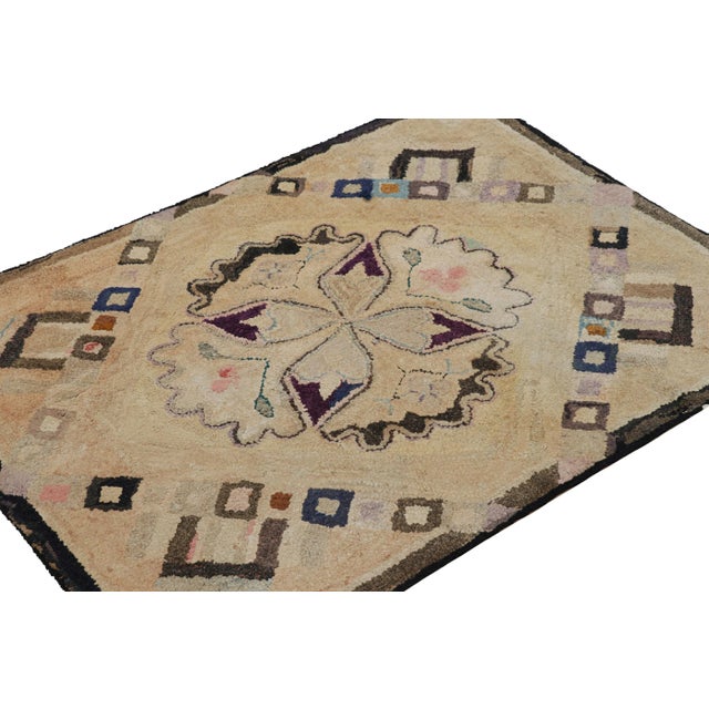 Rug & Kilim Antique Hooked Rug in Beige-Brown With Medallion and Patterns From Rug & Kilim For Sale - Image 4 of 7