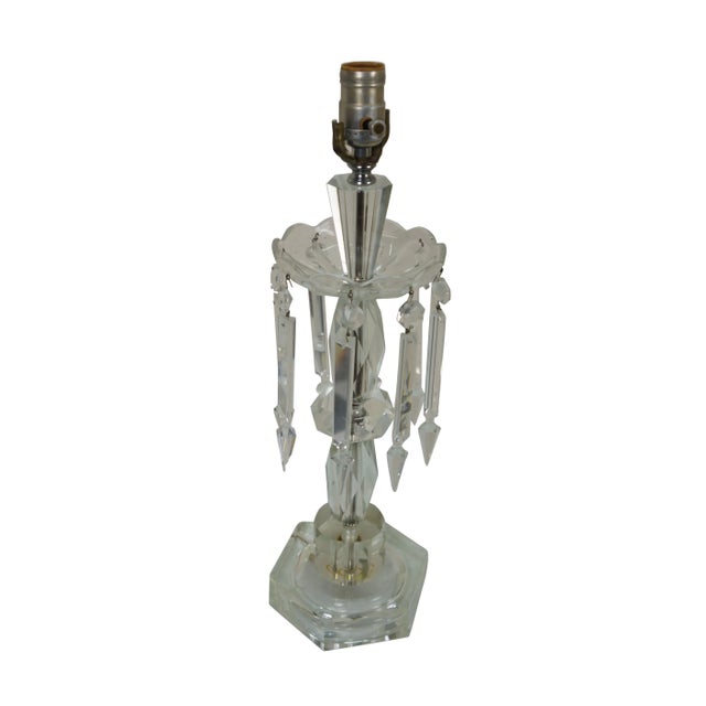 Circa mid 20th century drop crystal luster table lamp - hexagonal crystal base and stacked faceted crystal body with...