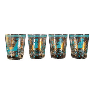 Mid Century Cera Persian Polo Equestrian Rocks Glasses in Turquoise and Gold c.1960s - Set of 4 For Sale