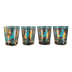 Mid Century Cera Persian Polo Equestrian Rocks Glasses in Turquoise and Gold c.1960s - Set of 4