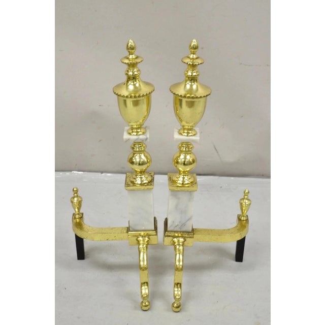 Vintage Brass Urn & Marble Federal Style Branch Leg Fireplace Andirons - A Pair For Sale - Image 11 of 11