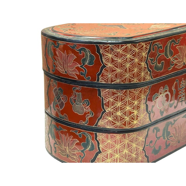 Chinese Brick Red Lacquer Color Treasure Graphic Stack Box Basket ...