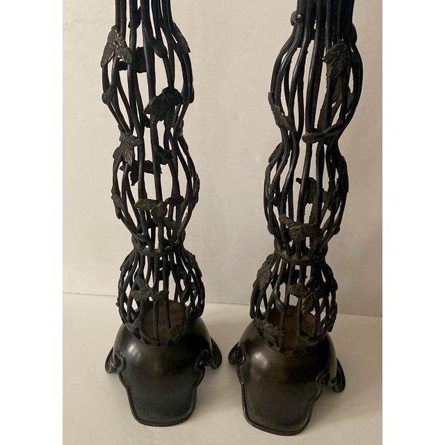 1940s Japanese Bronze Candle Stands/Holders a Pair For Sale - Image 4 of 7
