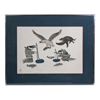 Cape Dorset “Ice Fishing” Inuit Lithograph by Sorosiluto Ashoona, 1976 (43/50), Framed For Sale