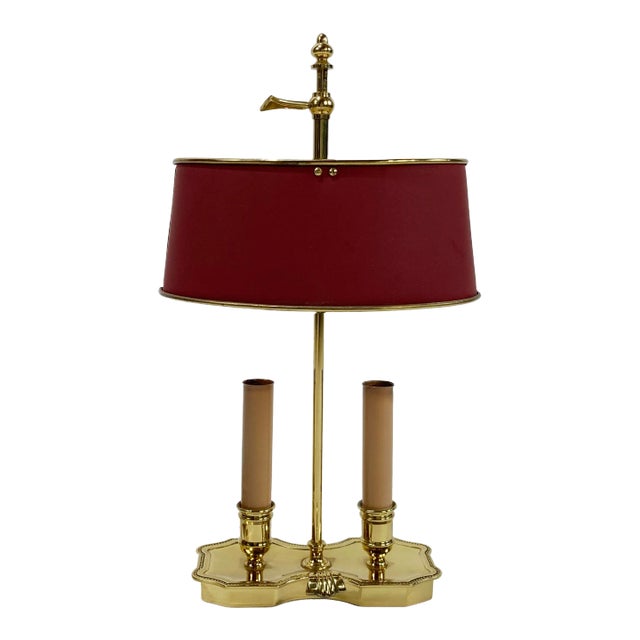Vintage French Style Brass Bouillotte Table Lamp W Metal Tole Shade For Sale