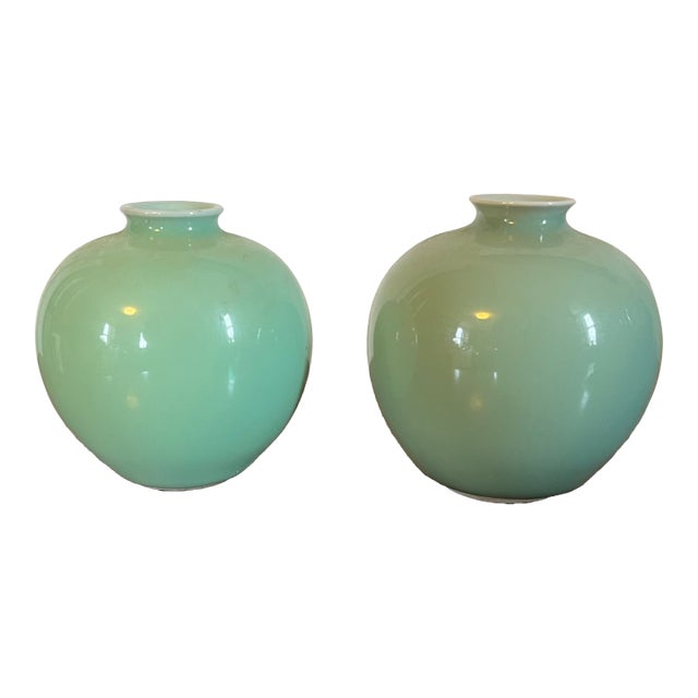 Antique Early 20th Century Chinese Monochrome Porcelain Small Vases With Celadon Glaze - A Pair For Sale